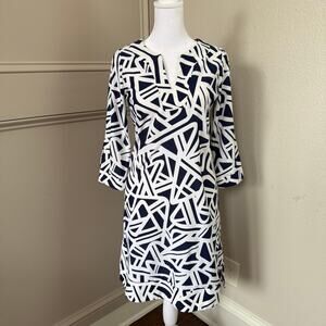 Jude Connally Megan Dress Geometric Tunic 3/4 Sleeve V Neck Navy White XS
